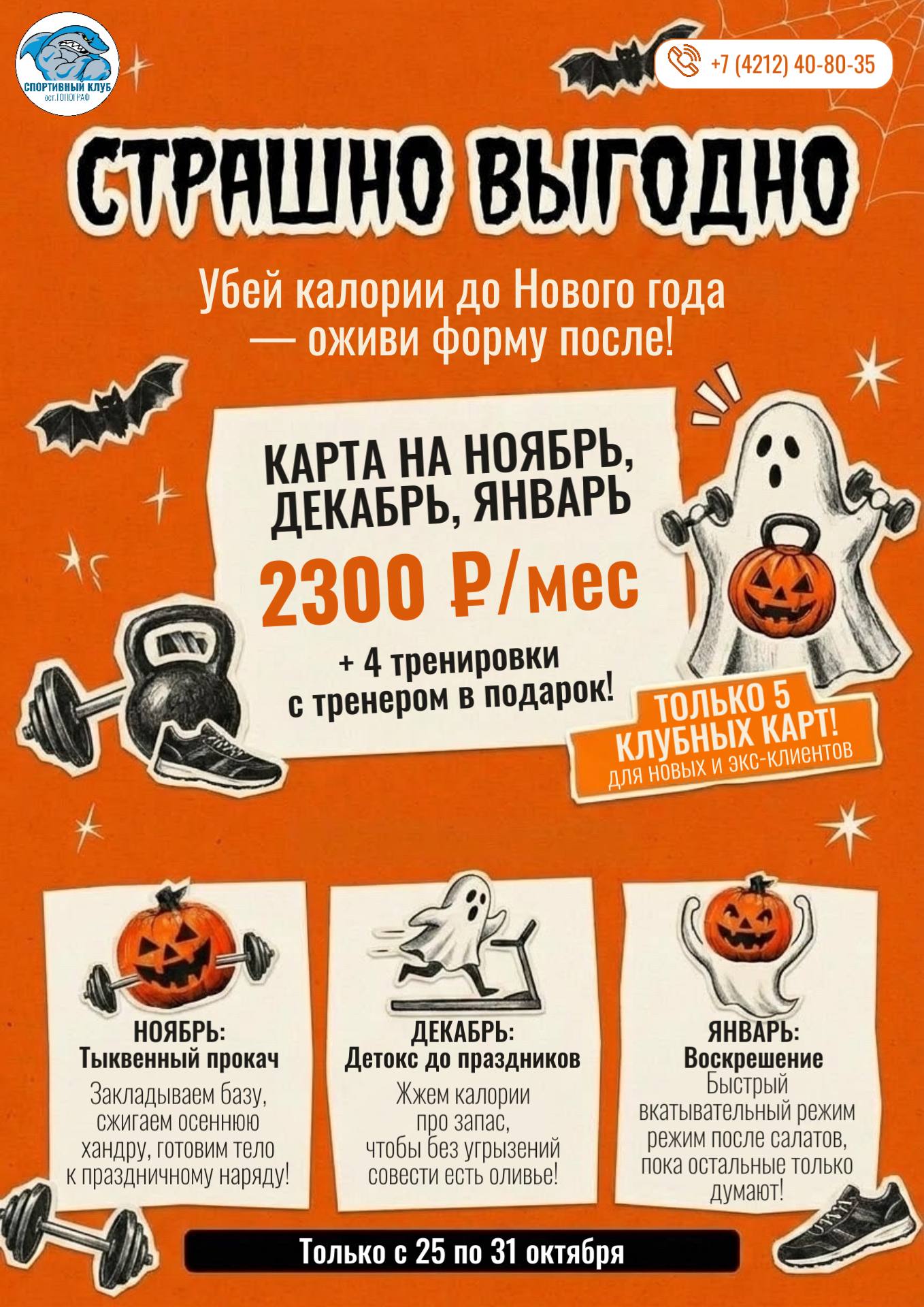 Страшно выгодно: сезонный абонемент SWIM&GYM на ноябрь–декабрь–январь за 2300 ₽/мес + 4 персональные тренировки в подарок, 26–31 октября